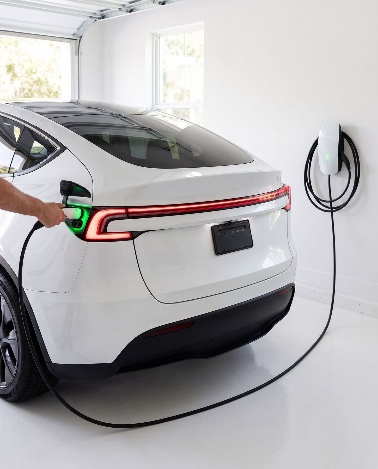Plugging in a white 2026 Model Y with its full-width rear light bar