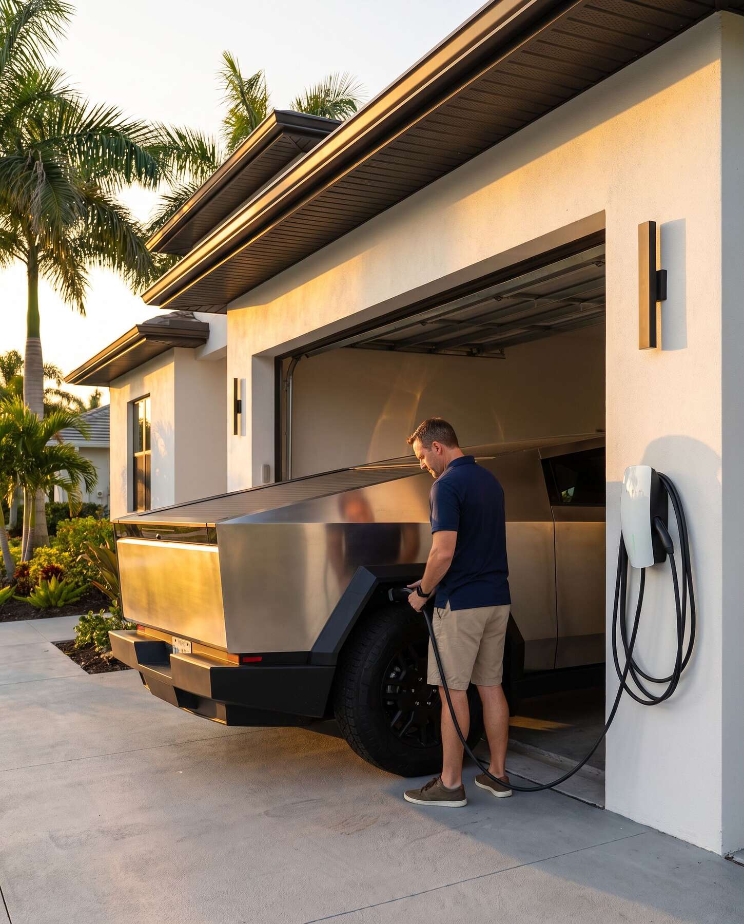 A man plugging a Cybertruck into a home Wall Connector at sunset